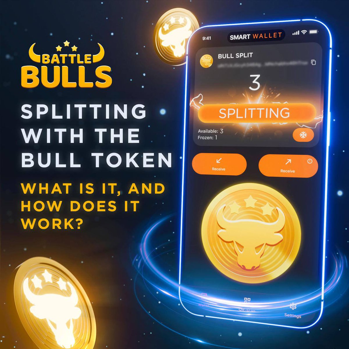 📢SPLITTING WITH THE BULL TOKEN: WHAT IS IT, AND HOW DOES IT WORK?  🟧Splitting, or freezing, is a blockchain technology that allows you to  receive daily rewards in cryptocurrency directly into your