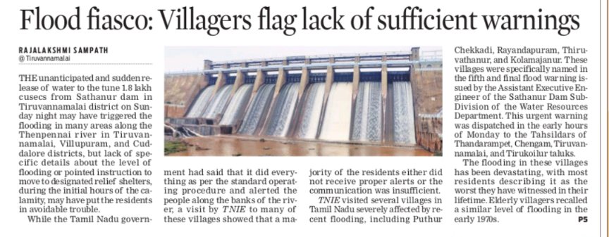 Rajalakshmi2398's tweet photo. The Sathanur Dam has sparked intense political debates in Tamilnadu, but what are the ground realities ? 

The unanticipated release of 1.8 lakh cusecs of water from the #SathanurDam in Tiruvannamalai district on Sunday night and Monday early morning may have caused flooding in areas along the Thenpennai river in #Tiruvannamalai, #Villupuram, and #Cuddalore districts. However, the lack of clear details about flood levels and proper instructions to move to relief shelters during the initial hours left residents in unnecessary hardship. While the Tamil Nadu government claims it followed standard operating procedures and alerted those living along the riverbanks, a TNIE visit to these villages revealed that most residents either didn’t receive adequate warnings or found the communication insufficient. 

@krithika_writes and I discovered that most village residents weren’t alerted about the massive water release, leading to significant cattle losses for them.  @CMOTamilnadu @katpadidmk
@mkstalin @xpresstn

Do Read Our full article Here : 

https://t.co/RdaCDtkqA9