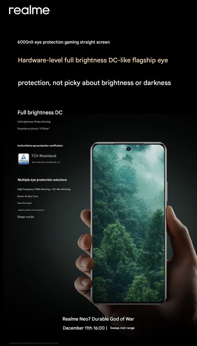 rajAnoop_'s tweet photo. #Realme Neo 7
🔆 Hardware-level Full Brightness DC-like
👀 TÜV Rheinland Smart Eye Care Certification 3.0
👀 High frequency PWM Dimming + DC-like Dimming
👀 Green Field AI eye protection
#realmeGT7Pro #realmeNeo7 #realmeGTNeo7
like ❤ Repost 🔂 FOLLOW 🤝🏼 for more TECH UPDATES https://t.co/ZtBjcnOAGP