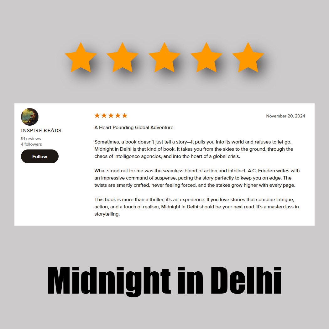 acfrieden's tweet photo. MIDNIGHT IN DELHI is getting awesome reviews! Pick up yours today from Amazon, Barnes & Noble, Kobo, or your local bookstore (available in ebook and paperback in US, UK, Canada, and India). More info at: https://t.co/fBODBT2EMb #thriller #suspense #spythriller #acfrieden https://t.co/bAsc9OxgLr