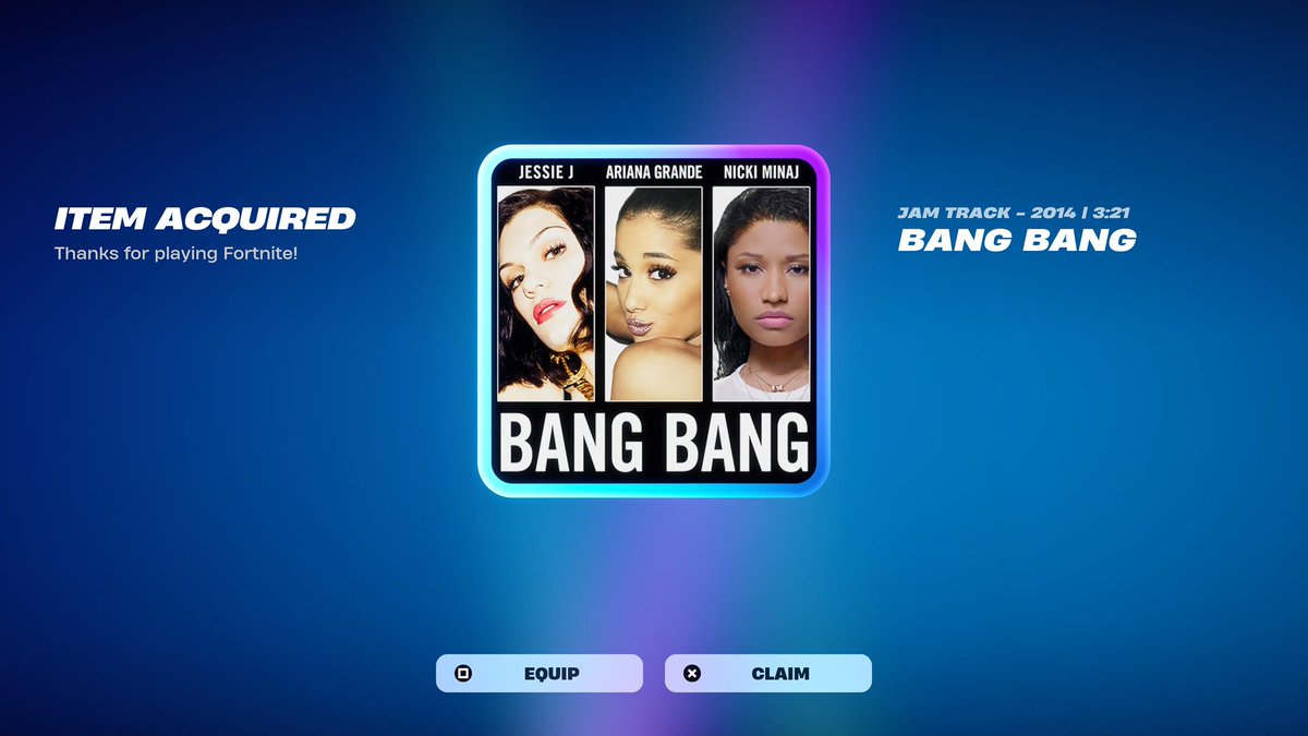 ThatPianoGuy_'s tweet photo. Just copped Jessi J, Ariana Grande and @NICKIMINAJ’s “Bang Bang” on @FortniteGame!! 🙏🏽🔥☺️ #JamTrack #PS5 https://t.co/cQKFSqnteo