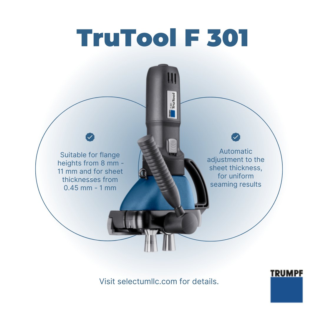 selectumstore's tweet image. Make ductwork seamless with the Trumpf TruTool F 301! 💨 Close Pittsburgh seams on straight or curved ducts with ease. Adjustable for 0.45-1 mm sheets and flange heights of 8-11 mm. Durable, precise, and efficient. #MetalFabrication #SeamLocker #TrumpfTools