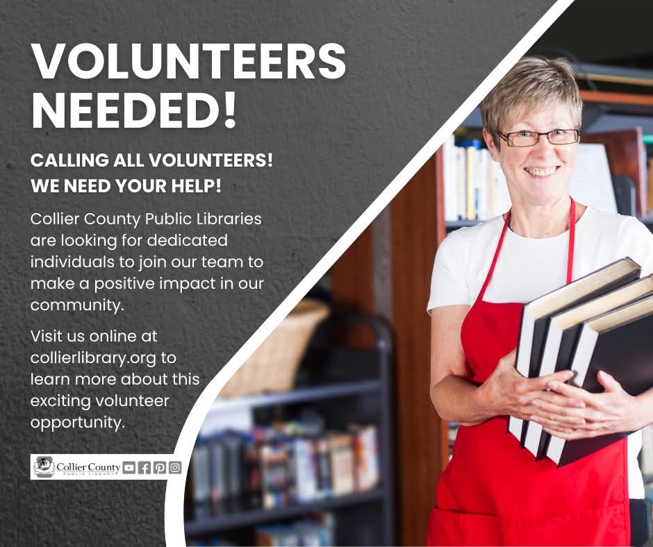 Connie2863's tweet photo. Collier County Public Libraries are looking for dedicated individuals to join our team to make a positive impact in our community.  Visit us online at https://t.co/0jaDl7q38U to learn more about this exciting volunteer opportunity.  📚 https://t.co/TWt77MUd1V