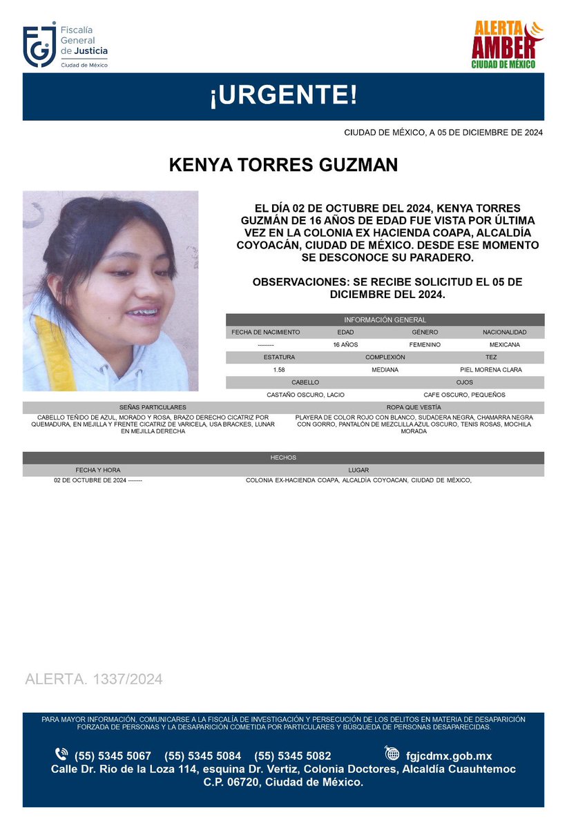FiscaliaCDMX's tweet photo. Se activa #AlertaAmber para localizar a la menor de 16 años de edad, de nombre Kenya Torres Guzmán fue vista por última vez, el día 2 octubre de 2024, en la colonia Ex hacienda Coapa, alcaldía Coyoacán https://t.co/h8zhcTW5Gq