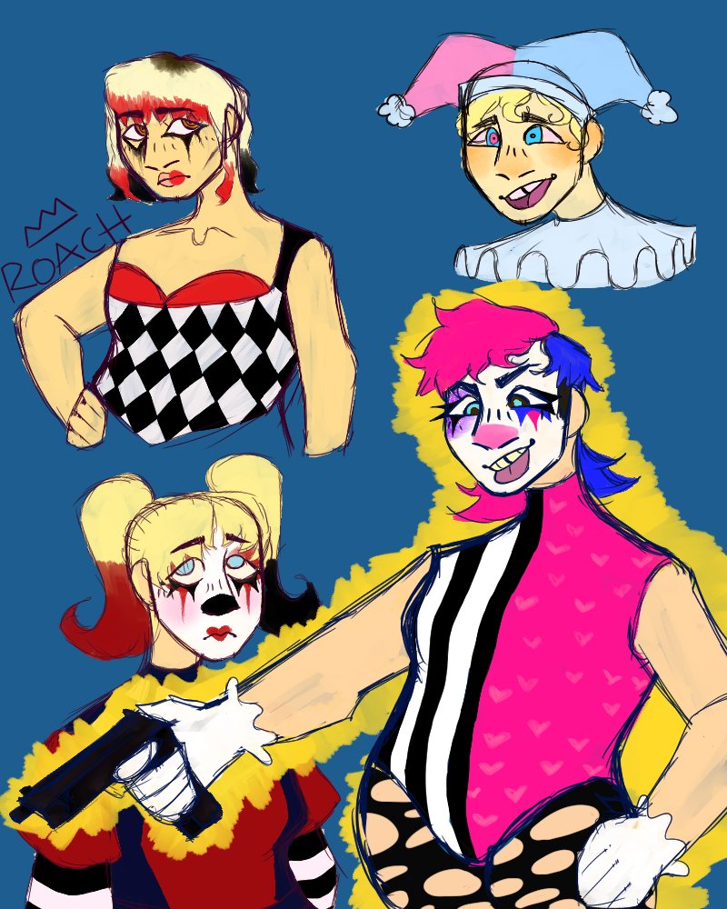 roachytheking's tweet photo. More Harley sketches... top left is Lady Gaga Lee, others are my own designs with various inspirations < 3

#harleyquinn #DC #fanart #harleyquinnfanart #DCfanart #clowns #clownart https://t.co/UO70Mt8AMq