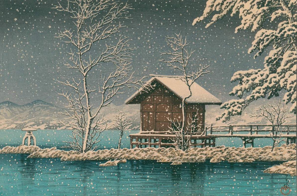 雪山と川の風景 油彩画 川瀬巴水 版画 (雪景色） 清澄園之雪・雪に暮るる寺島村・石巻の暮雪