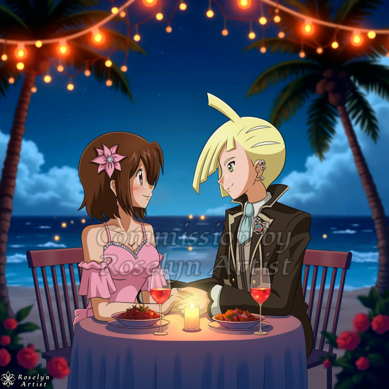 Roselyn_Artist's tweet photo. Commission for @connicmusician on DA 🤩 This is her lovely OC Canna with Gladion in a romantic date night at the beach 🙈 What'd you think? 

#gladion #gladio #pokemon #alola #pokemonalola #alolaregion #originalcharacter #oc #ocxcanon #pokemonoc #pokegirl #datenight #digitalart https://t.co/CrwjnEnnGF