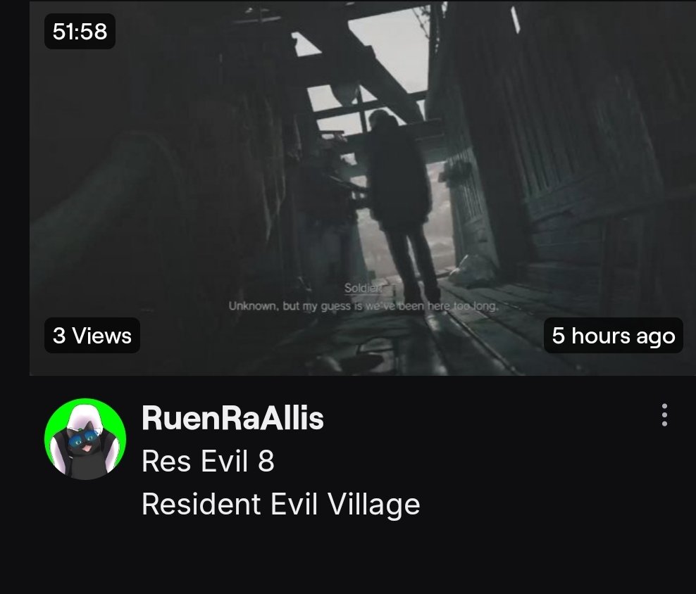 RuenAllis's tweet photo. You may have missed my Resident Evil 8 stream but you can still watch it over on my Twitch https://t.co/sz5gbMpI0T