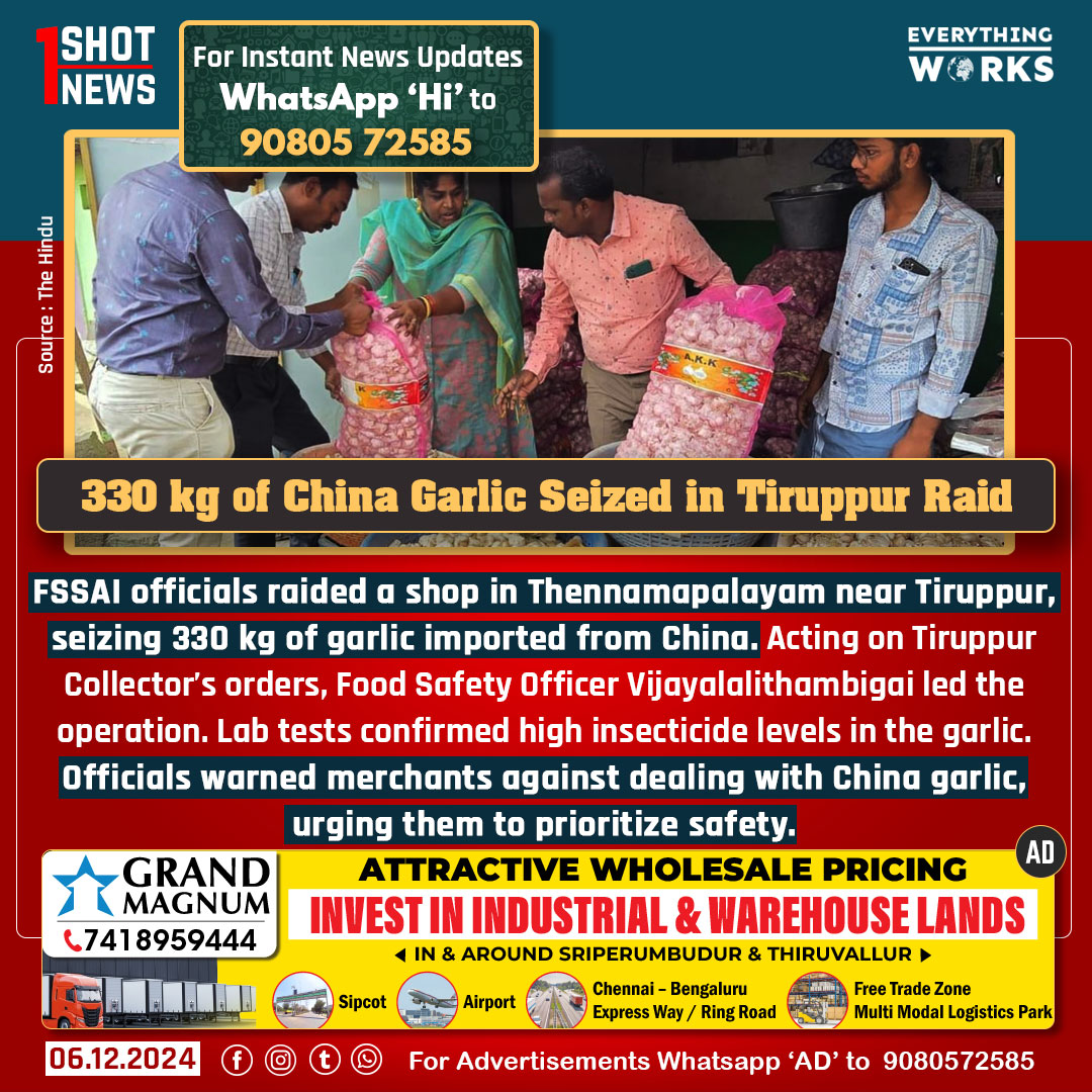 FSSAI officials raided a shop in Thennamapalayam near Tiruppur, seizing 330 kg of garlic imported from China. Acting on Tiruppur Collector T. Christuraj’s orders, Food Safety Officer Vijayalalithambigai led the operation. Lab tests confirmed high insecticide levels in the garlic.