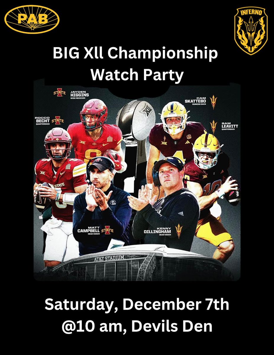 It's almost watch party day! 🔱👀

Swipe to find a watch party on your campus! Lets #IgnitetheInferno for the #Big12 championship game this Saturday, Devils! 😈 Tag your game day crew below! ⬇️

#ASU #Football #College #SunDevils #CollegeFootball