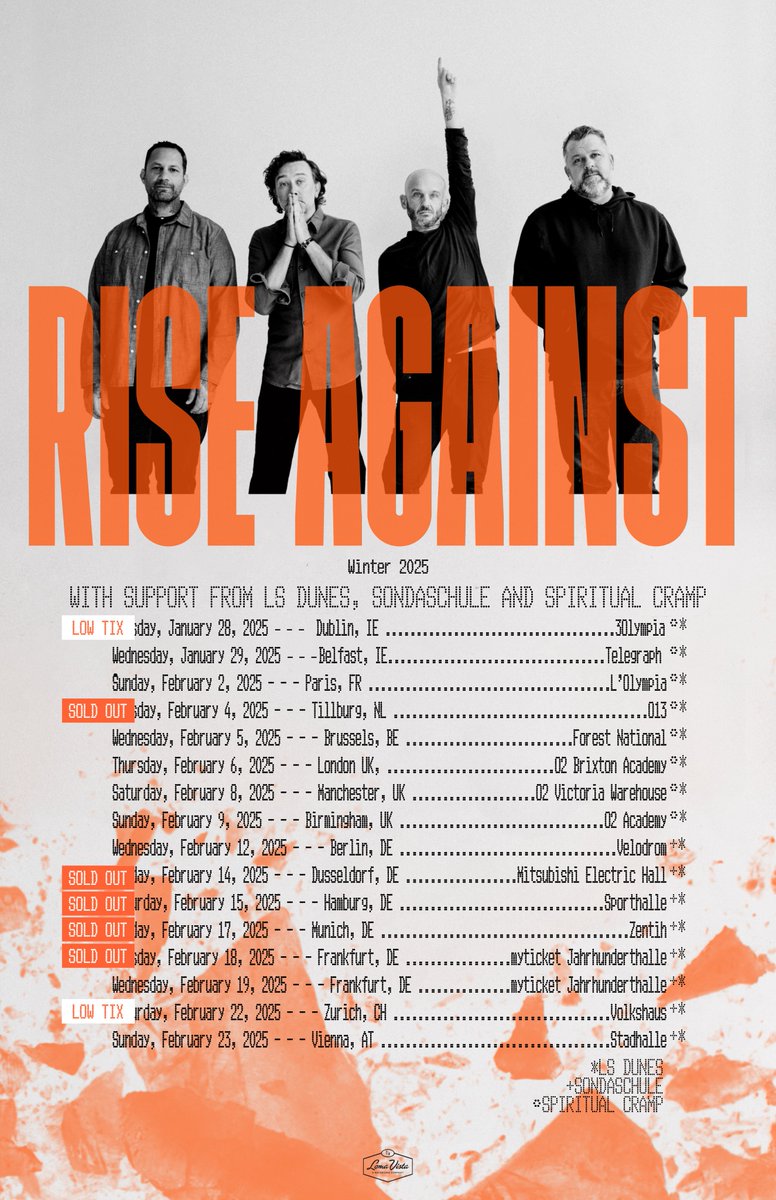 Rise Against (@riseagainst) on Twitter photo .<a href="/Spiritual_Cramp/">Spiritual Cramp TV</a> will be joining us on select dates of our 2025 European tour with <a href="/lsdunes/">L.S. Dunes</a> andĀ <a href="/SONDASCHULE/">SONDASCHULE</a>. Tickets for all dates are on sale now at riseagainst.com. .<a href="/Spiritual_Cramp/">Spiritual Cramp TV</a> will be joining us on select dates of our 2025 European tour with <a href="/lsdunes/">L.S. Dunes</a> andĀ <a href="/SONDASCHULE/">SONDASCHULE</a>. Tickets for all dates are on sale now at riseagainst.com.