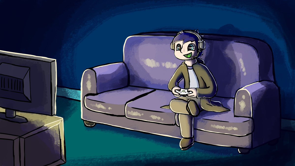 BoredKaijuArts's tweet photo. Commission for @jumpman92029 featuring him playing video games on his couch :)

#art #illustration #cozy #comfy #gaming #videogames #video_games https://t.co/eUIel3ACn4