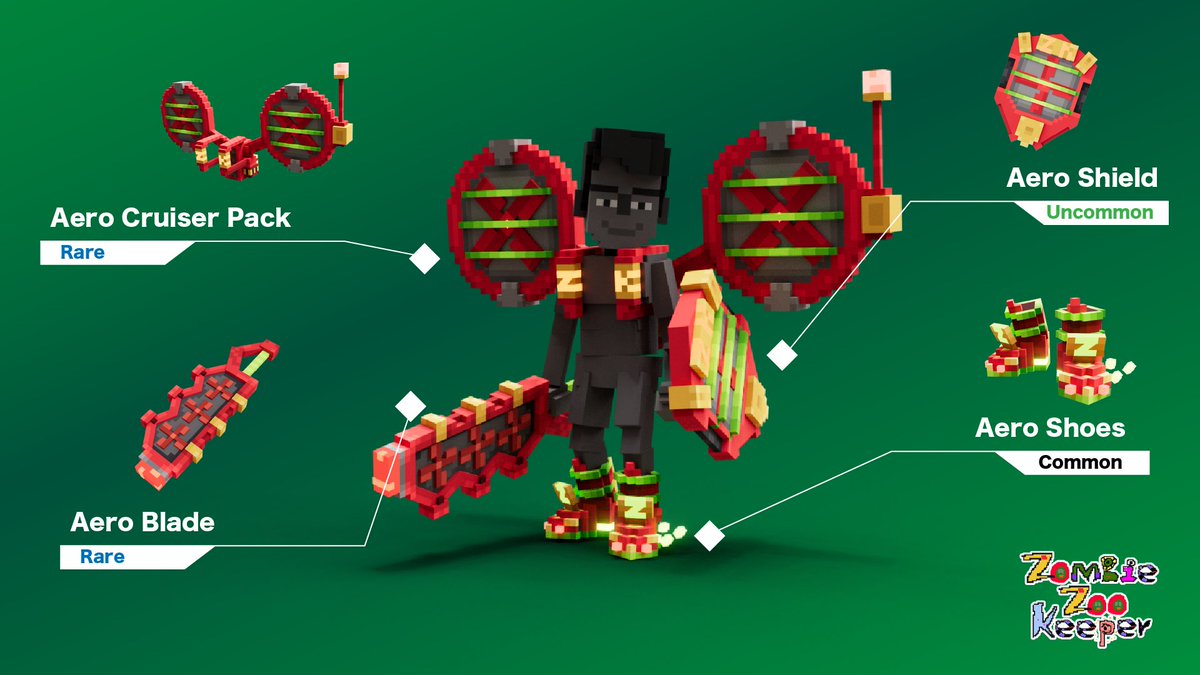 ／
Zombie Zoo Rescueコレクションのアセット紹介1
＼
Aeroシリーズは軽量🪶かつ高性能な装備品。全て揃えて冒険に出かけよう🌟
今すぐコレクションをチェック👇 
sandbox.game/en/collection/…

<a href="/ZombieZooArt/">Zombie Zoo.eth(🧟‍♂️,🧟)</a> #TheSandbox