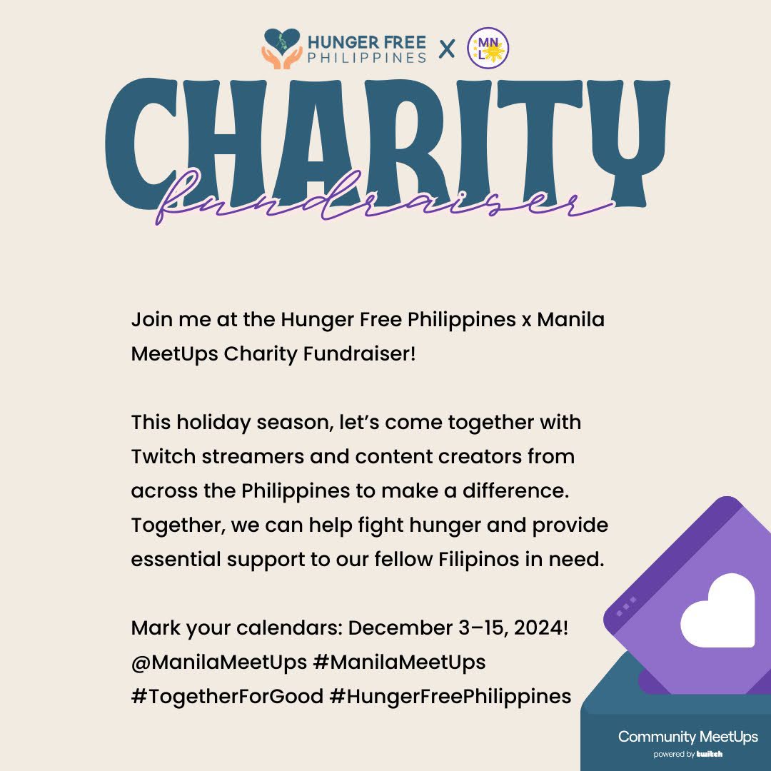 TheTechTourist's tweet image. This season lets come together with Twitch streamers and content creators from across the Philippines to make a difference. Together, we can help fight hunger and provide essential support to our fellow Filipinos in need

@ManilaMeetUps #ManilaMeetUps #TogetherForGood #HungerFree