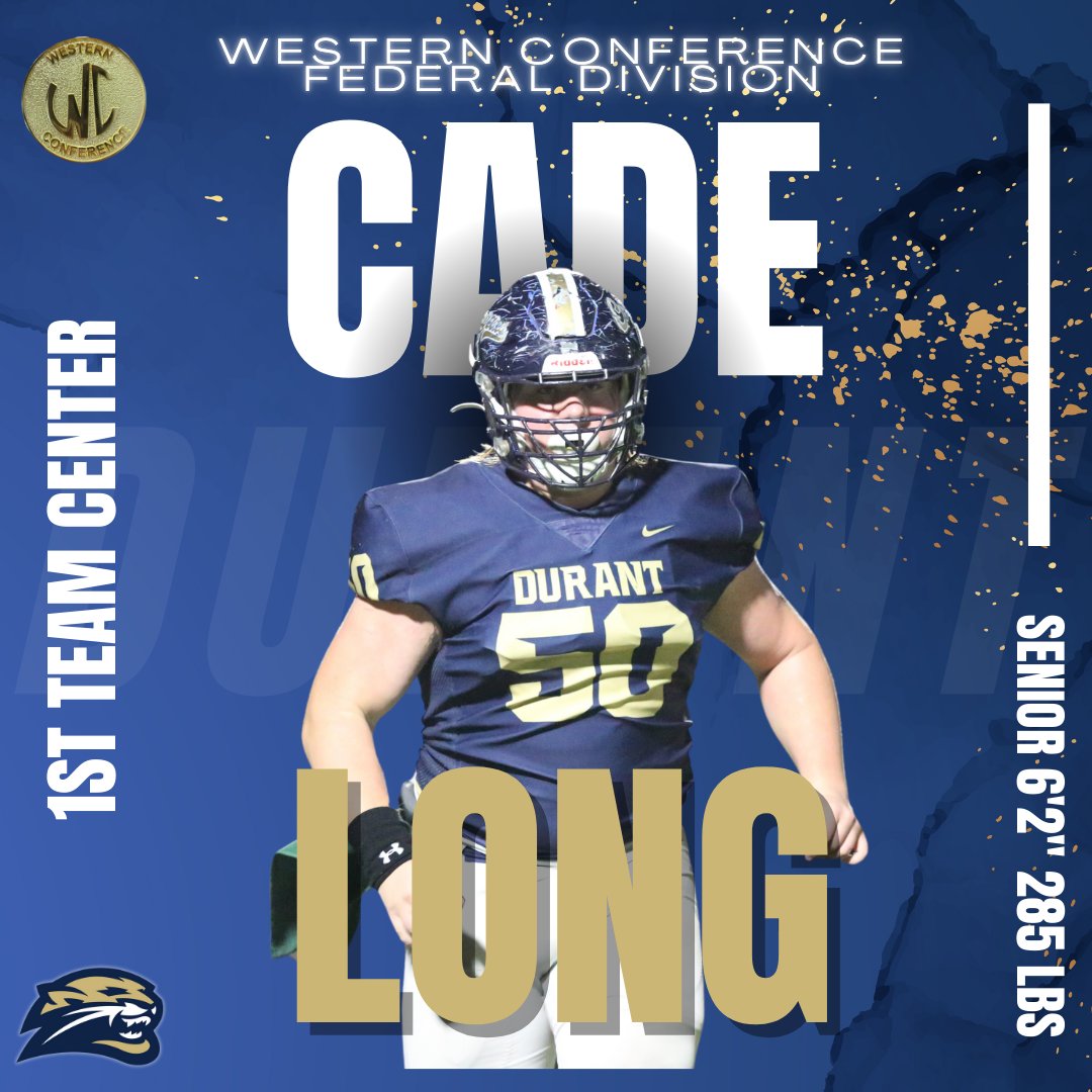 Congratulations to <a href="/CadeLong2025/">Cade Long</a> for being selected as the Western Conference, Federal Division 1st Team Center!
<a href="/DOORANTFOOTBALL/">Durant Football</a>
#CougarsForever