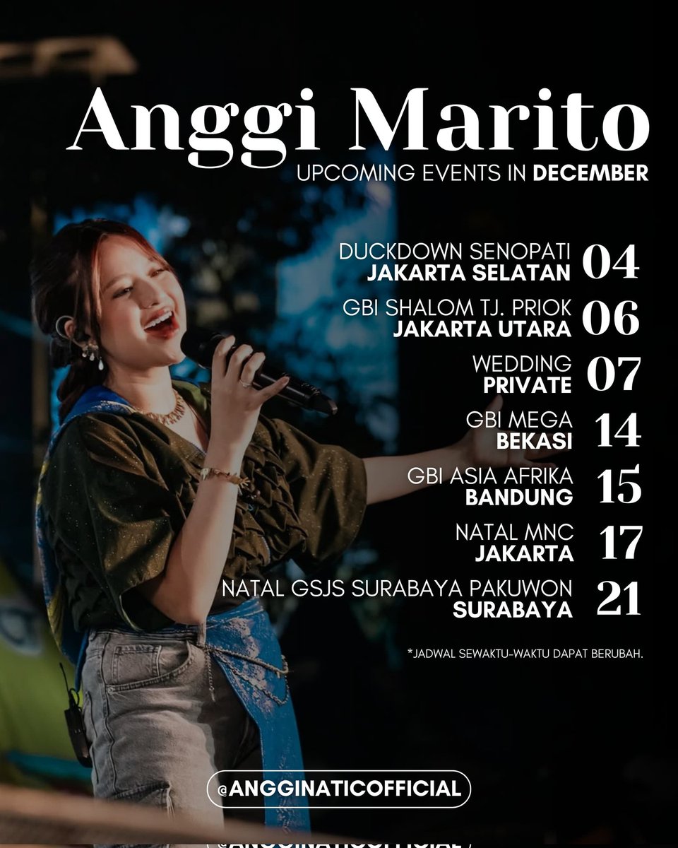 AngginaticOfc's tweet photo. Berikut update jadwal Anggi di bulan Desember ini. Kira-kira kalian dateng ke yang mana nih? 

Note: Jadwal sewaktu-waktu dapat berubah. 

#AngginaticOfficial #AnggiMarito https://t.co/uXY6iMF5L6