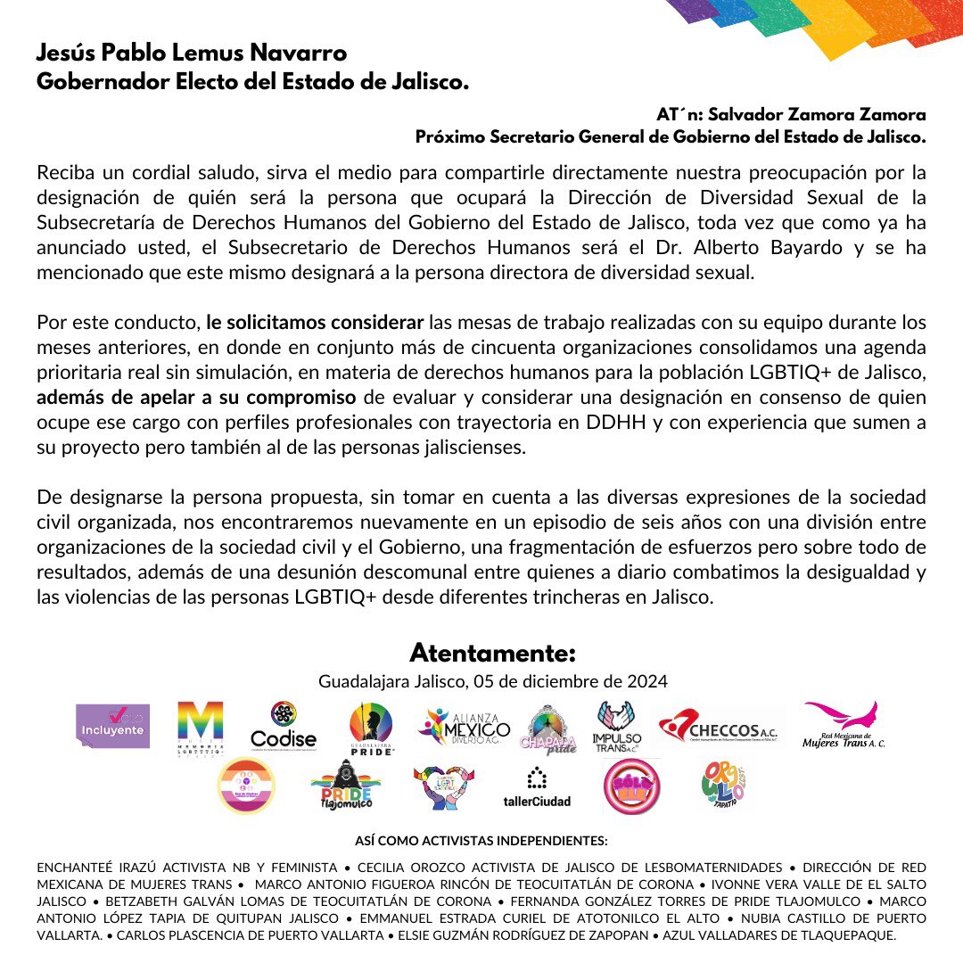 almexdiverso's tweet photo. Estimados @PabloLemusN y @SalvadorZamoraZ les hacemos llegar esta información solicitando su atención y detener la designación de esa Dirección hasta entablar un diálogo directo, que sume las voluntades de todas las personas jaliscienses LGBTIQ+. 🏳️‍🌈🏳️‍⚧️ https://t.co/Mstur0q05H