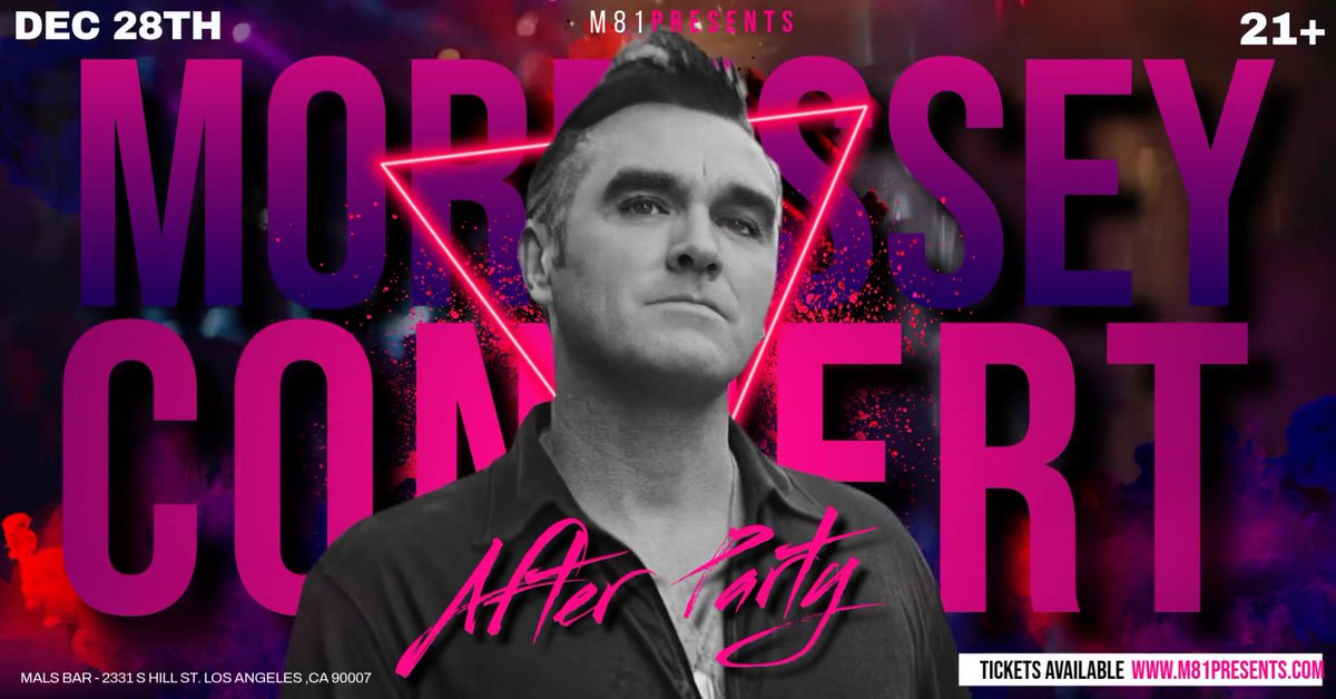 MozzeriansATW's tweet photo. M81 Presents…
Morrissey Concert After Party (LA)
Saturday, December 28th, 2024 

#MalsBar 2331 S Hill St, LA 90007
21+ / Doors 10pm / Full Bar / Dance Floor 

Get your tickets NOW-!! 🎟️🎟️
https://t.co/yKVmR8wEYt

#morrissey #mozangeles #thesmiths #m81presents #dtla  #losangeles https://t.co/fUJZj9MTBz
