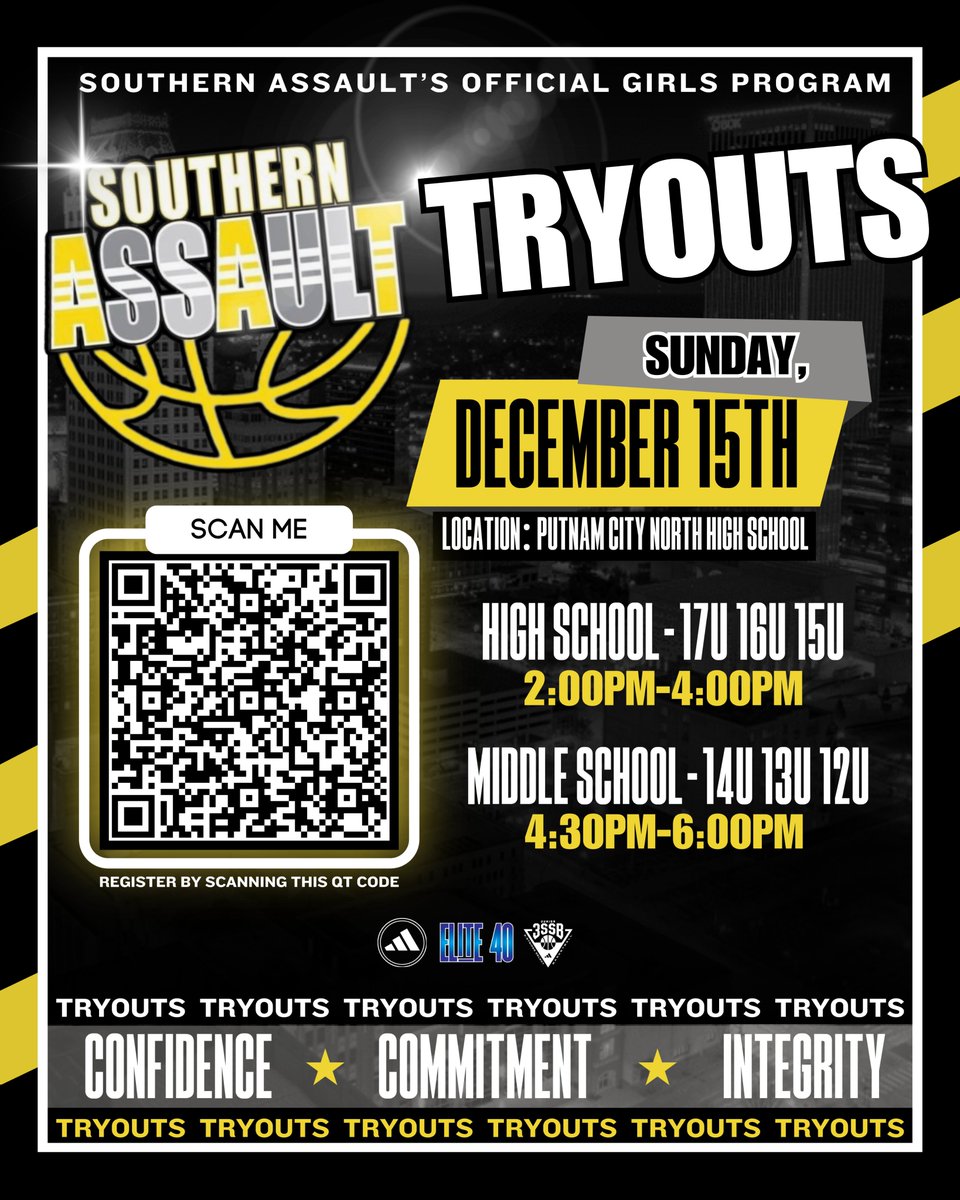 🌟 SOUTHERN ASSAULT GIRLS TRYOUTS 🌟

📅 December 15, 2024
👥 15U-17U (2pm-4pm) | 12U-14U (4:30pm-6pm)
📌 Putnam City North High School
🔗 docs.google.com/forms/d/e/1FAI…

🚨SIGN UP TODAY! (Click link for more info.)🚨
#Confidence #Commitment #Integrity