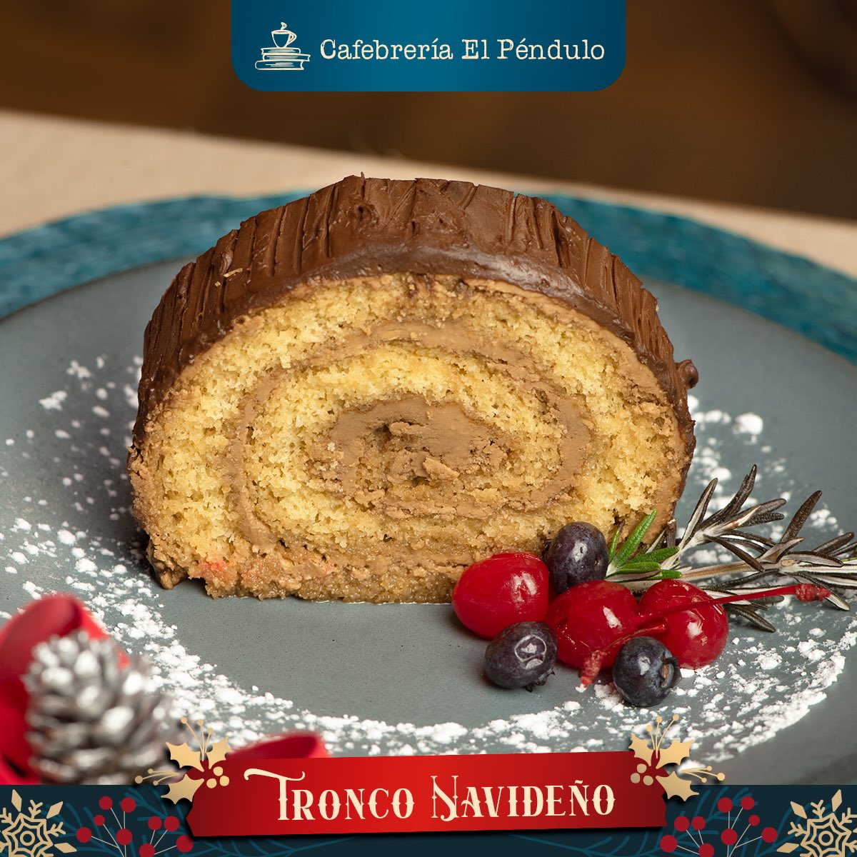 El_Pendulo's tweet image. 🍰🌿¿Ya probaste nuestros #postres de temporada? Tienes hasta el 6 de enero para degustar este delicioso #tronconavideño: #bizcocho sabor vainilla, con café y crema, cubierto de ganache de #chocolate.