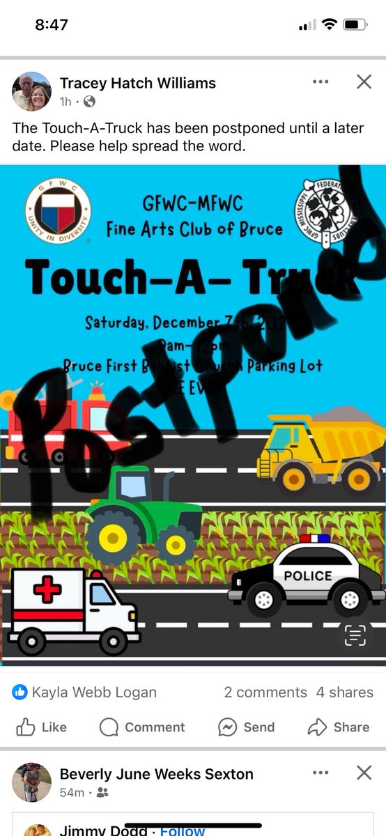 debbiharrelson1's tweet photo. Touch-A-Truck scheduled for Saturday December 7th has been postponed until a later date. Sorry for any inconvenience. https://t.co/awTRku3x1h