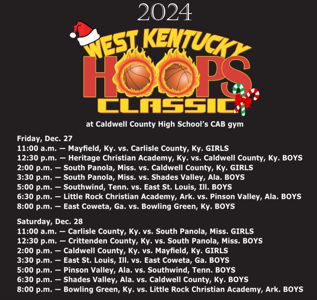 Dec 27/28 Princeton KY for this years <a href="/WKY_Hoops/">WKY HOOPS CLASSIC</a> 
Don’t miss it.  7 states represented to compete in the Bluegrass.  Ladies day 2 correction Mayfield vs S Panola at 11:00am and Caldwell vs Carlisle at 2:00pm.  Can’t wait 🏀🔥🏀🔥🏀🔥🏀🔥🏀🔥🏀