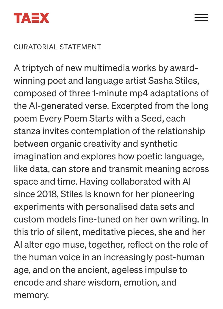 sashastiles's tweet image. if you are passionate about art from “early” AI artists and works that tell the story of this strange and particular moment and you don’t yet own a poem by me and #technelegy, i don’t know what to tell you.

(thank you dear @halecar2 for the 📸)