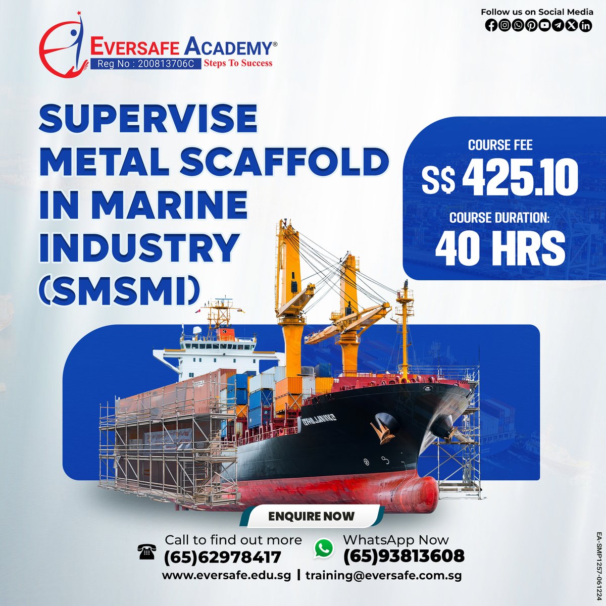 EversafeAcademy's tweet image. 𝐒𝐮𝐩𝐞𝐫𝐯𝐢𝐬𝐞 𝐌𝐞𝐭𝐚𝐥 𝐒𝐜𝐚𝐟𝐟𝐨𝐥𝐝 𝐢𝐧 𝐌𝐚𝐫𝐢𝐧𝐞 𝐈𝐧𝐝𝐮𝐬𝐭𝐫𝐲 (𝐒𝐌𝐒𝐌𝐈)
✅ WhatsApp: 📱 bit.ly/3JKmp0J
✅ Call: 📞 +6562978417
✅ Website: 🌐 eversafe.edu.sg
#MarineIndustry #ScaffoldSafety #MarineSupervision #ShipyardTraining