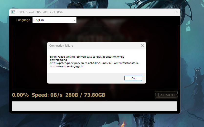 FUSIONGAMING101's tweet photo. @erman_lin @pathofexile @pathofexile  Now its hardlocked and wont proceed ... its stuck at 73.8 with Carrionwing error https://t.co/oWQXMrMqk9