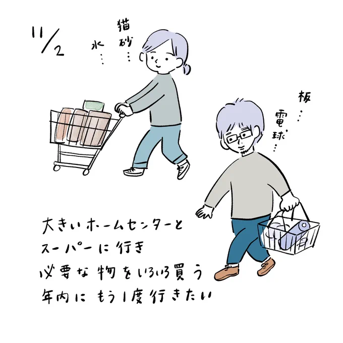 大きいホームセンターとスーパーに行き必要な物をいろいろ買う。年内にもう一度行きたい #みみーた 