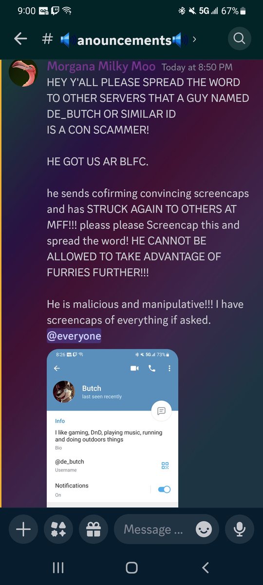SCAMMER STRIKING AGAIN!

GOT US AT BLFC!!! NOW GETTING OTHERS AT MFF

RT TO SAVE A FURRY FROM BEING SCAMMED OUTTA HUNDREDS OF BUCKS AND BEING STRANDED WITH NOWHERE TO SLEEP!

ON TWITTER AS @/de_butch_