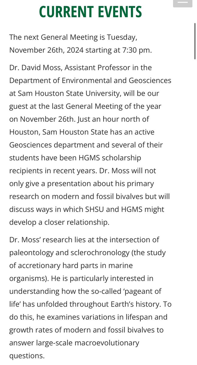SHSUgeo's tweet photo. Geology professor, Dr. David Moss, presented “Bivalve Sclerochronology: Lessons from Modern &amp; Fossil Shells” at the Houston Gem &amp; Mineral Society meeting last week.  The HGMS has been very supportive of our program &amp; has awarded scholarships to our students through the years 🌟 https://t.co/PQzl4VP6Yx