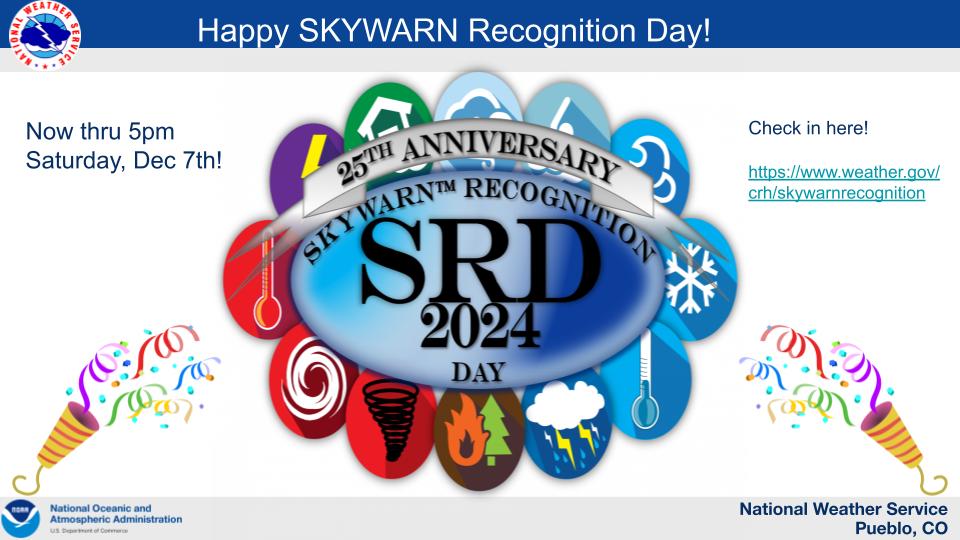 NWSPueblo's tweet photo. Good morning, and happy Skywarn Recognition Day! For all our storm spotters out there, thank you! Check in on the map at https://t.co/cNtULtmerT to see the reach of this amazing community! The celebration runs through 00 UTC this evening! #cowx #SKYWARN24 https://t.co/HSbIZRrhgm