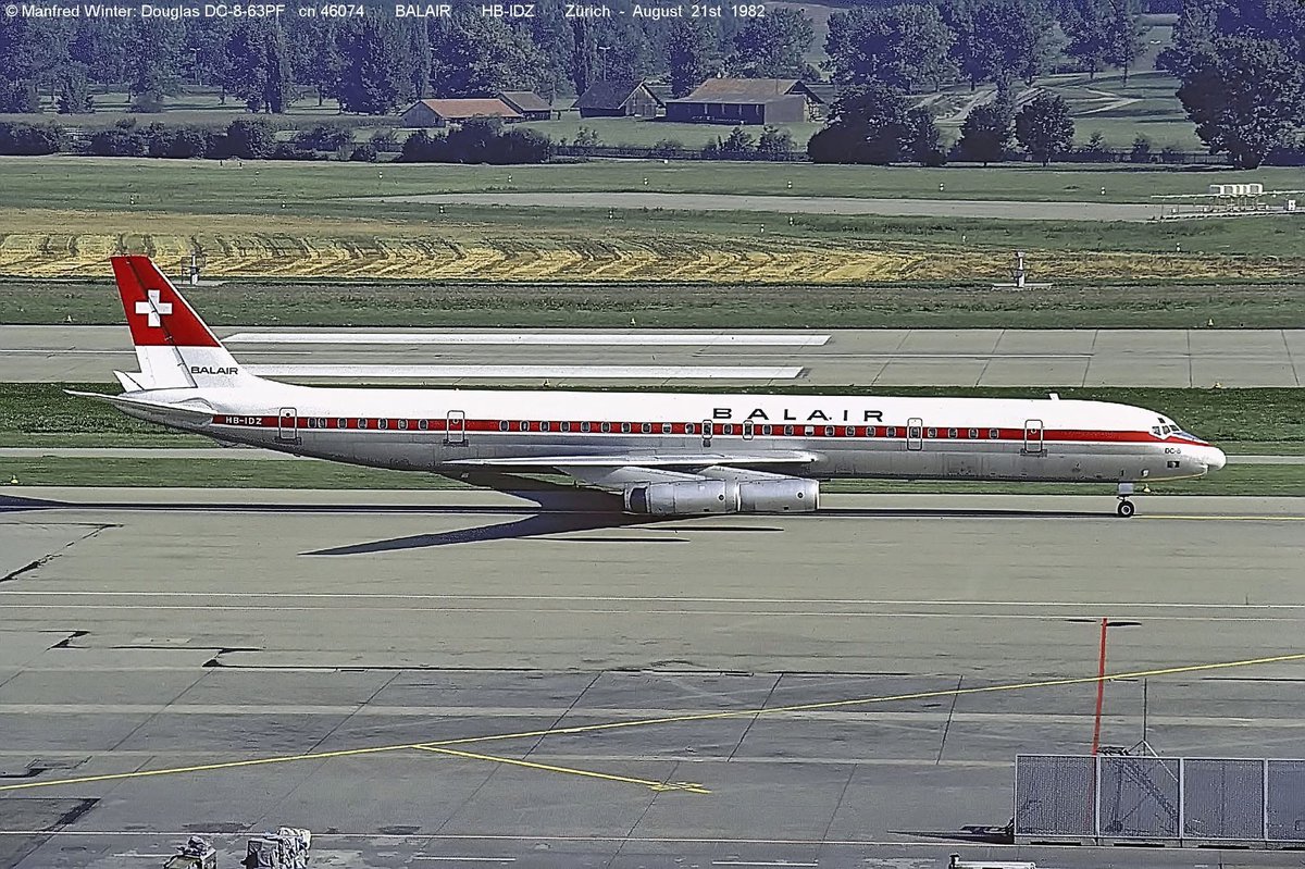 n194at's tweet photo. Balair
Douglas DC-8-63 HB-IDZ
ZRH/LSZH Zurich Airport
August 11, 1982
Photo credit Manfred Winter
#AvGeek #Aviation #Airline #AvGeeks #Douglas #DC8 #Balair #ZRH #Zurich @zrh_airport https://t.co/rN3SC6ODhX