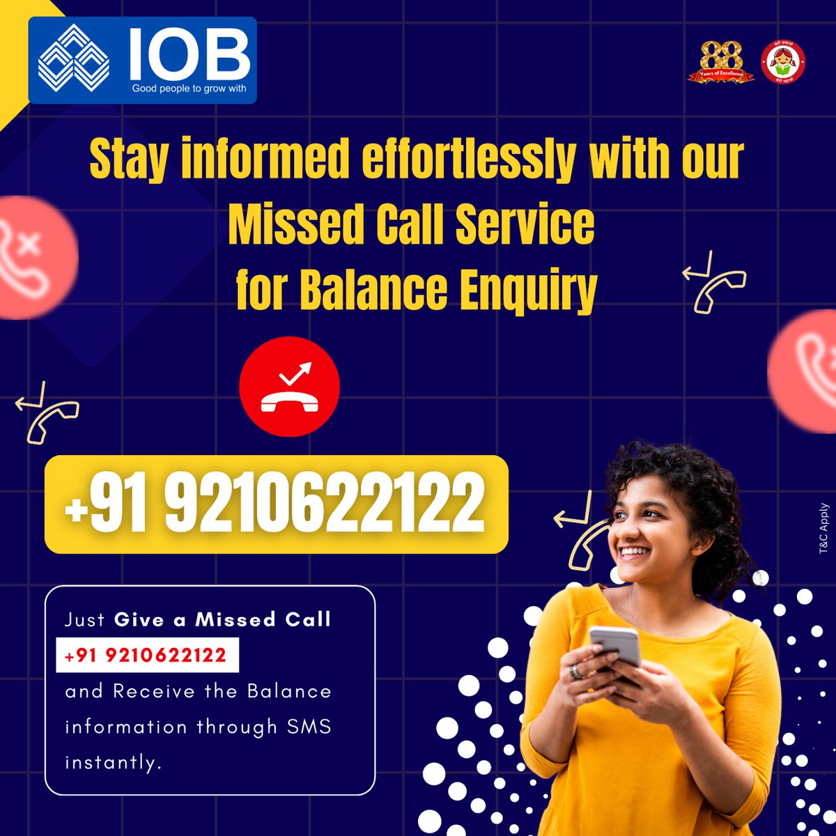 IOBIndia's tweet photo. 📞💰 Use our missed call service for quick and easy balance inquiries. Just call us and get your balance updates instantly! #IOBMissedCallForBalance
Give Missed call to: 9210622122

#IOBMissedcall #IOBbalance #checkbalance #bankaccount #transactions #bankbalance #IOB #IndianOverseasBank #DFS #RBI #banking #BankingMadeEasy #FinancialFreedom