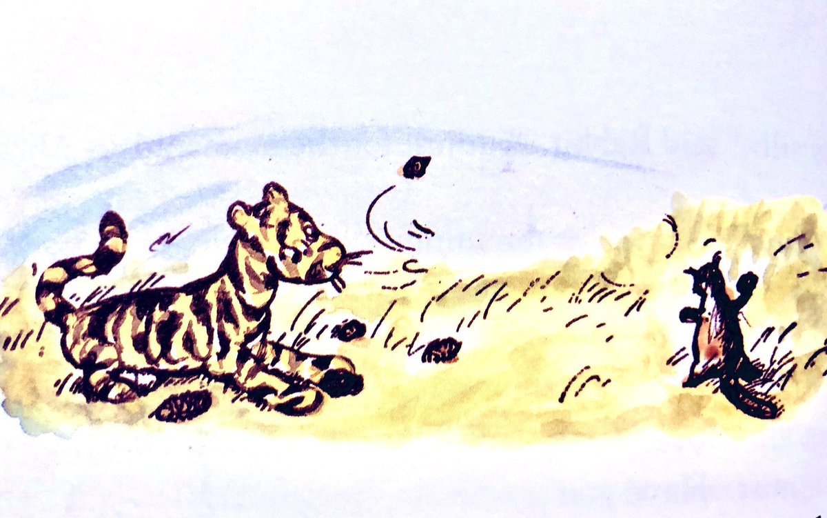 A_AMilne's tweet photo. “You can go and collect fir-cones for me,” said Kanga, giving them a basket.
So Tigger and Roo went to the Six Pine Trees and threw fir-cones at each other until they had forgotten what they came for, and they left the basket under the trees and went back to dinner. ~A.A.Milne https://t.co/Gin8lyA4Uv