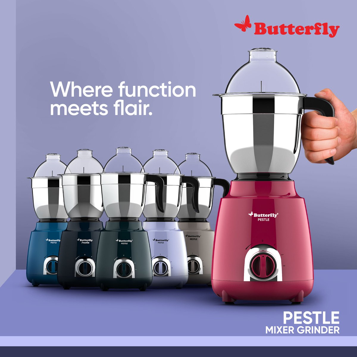 Elevate your kitchen with the Pestle Mixer Grinder, available in a spectrum of colors that complement your style. Vibrancy in every spin.
#butterflykitchen #butterflykitchenappliances  #homecookedfoodisbetter