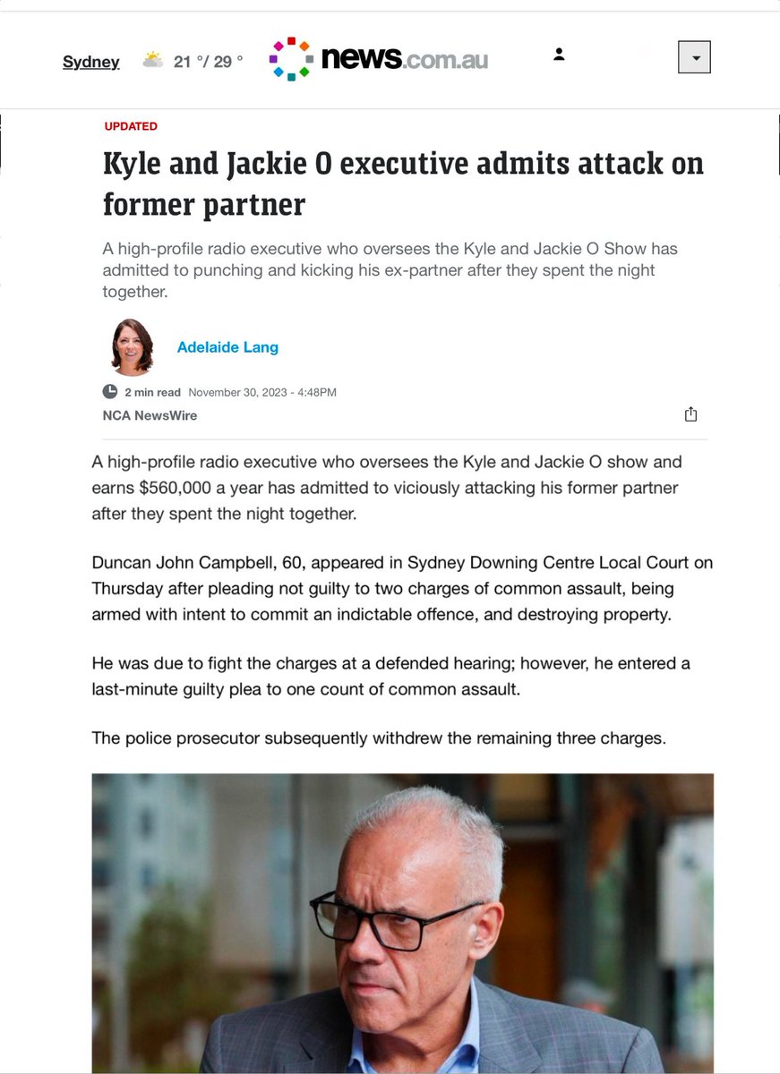 MFWitches's tweet photo. 🧙🏼‍♀️ #VILEKYLE WITHDRAWAL 377-382 🧙🏽 

We’ve been meaning for some weeks to update witches on an issue most won’t currently be aware of. We ourselves could only find the information via a #NewsCorpse link (as in the pic), which is curious as you’d think it’d be bigger news that Kyle Sandilands’ “King-maker” bestie Duncan Campbell was convicted of assault late last year: essentially, convicted of a family violence attack on a former partner.

Can anyone imagine a woman convicted of assaulting a current or former partner keeping her job as a senior executive at any major company? Yet violent men appear invincible and some even get lauded and promoted for harming women or (in this case) someone who appears to be a younger and more vulnerable male ex-partner. 

THIS is the calibre of person currently standing so staunchly beside the verbally violent and sexually disgusting Kyle. THIS is the calibre of person now fighting desperately and viciously to protect and defend the man he wants to dominate radio airwaves across this country to promote the terrible views of women all the mainstream media in this country delight in spreading. And THIS is the man who refuses to see that the days of men like him and Kyle are fucking OVER and we’ll fight to our last witchy breaths to bring morals, values, inclusion and diversity into major Australian media corporations.

These men will not win. 

They can FRO. 

We are OVER their hate, violence and bullshit.

_____

Thank you to https://t.co/jM46iUz7xu, the Royal Melbourne Show, Seek, The Hairy Pill, TIV and Country Racing for withdrawing from the K and J show. None have advised of their withdrawals but none have been heard advertising since late September 2024 so over 8 weeks ago. 

This campaign is working so incredibly well. Yet we won’t stop till the media stop publishing this foul content and advertisers stop funding it.

Go to https://t.co/igA7ByRwpQ then the #ToYourBrooms link then the #VileKyle FOES tab to find current advertisers. Write to them. Tell them more companies are pulling out every day. Show them our memes and transcripts of the show (scroll back). If you get replies, send to witches@mfw.org.au. And to find companies to patronise because they’ve pulled out of #FundingFilth, go to the #VileKyle FRIENDS list in the same link.

Please also support our work. More than ever, we need witches willing to pay us $5 or $10 per month so we can keep up with the recording, data processing and messaging essential to the campaign. We’re working really hard and need more resources to make a bigger difference. Help get rid of Vile Kyle:
https://t.co/yZ0i3SfsTs

Are you in? 

#ToYourBrooms