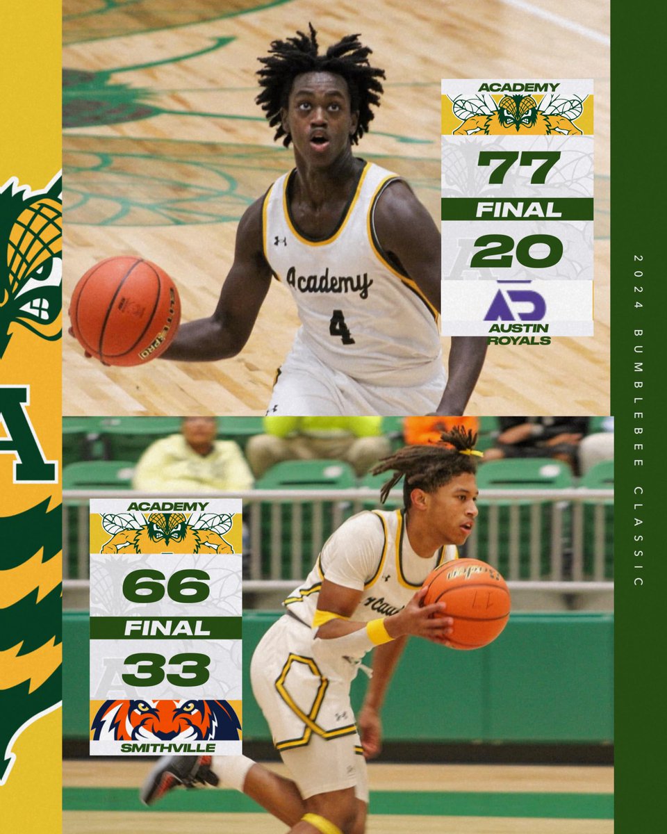 Bees pick up 2 wins today in the 2024 Bumblebee Classic. 

Academy 70
Austin Royals 20

Academy 66
Smithville 33