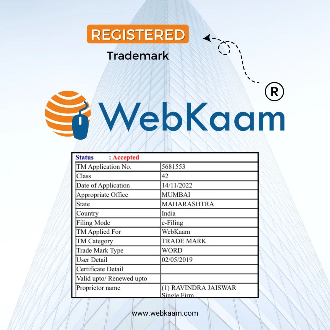 WebKaam's tweet photo. 𝐖𝐞’𝐫𝐞 𝐎𝐟𝐟𝐢𝐜𝐢𝐚𝐥𝐥𝐲 𝐓𝐫𝐚𝐝𝐞𝐦𝐚𝐫𝐤𝐞𝐝! ®️ 🎉

After 2 years of hustle &amp; dedicated efforts, we’re thrilled to announce that WebKaam’s brand name and logo are now officially registered trademarks! 
.
.
.
#WebKaam #TrademarkRegistered #MilestoneAchievement https://t.co/pJKMG8gWNa