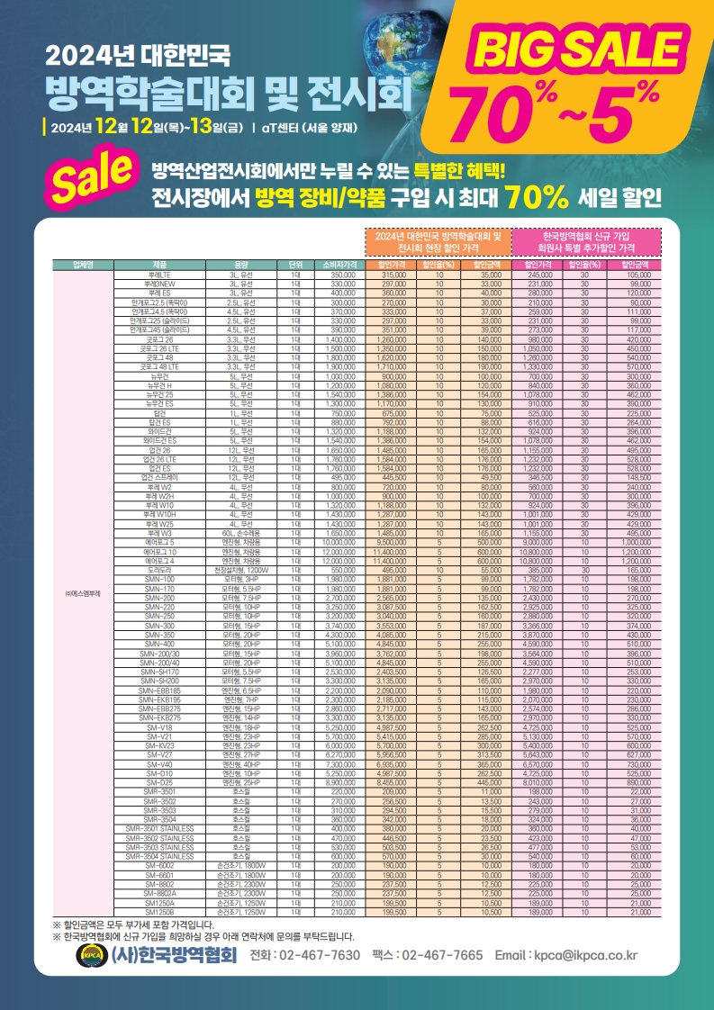 Kpca_expo's tweet photo. 2024년 대한민국 방역학술대회 및 전시회 D-6

BIG SALE 진행합니다!!

전시장에서 방역 장비/약품 구입 시 최대 70% ��일!

많은 관심 부탁드립니니다~!

*업체는 추가될 수 있습니다.

#방역학술대회 #전시회 #세일 #12월 #AT센터 #방역 #장비 #약품 https://t.co/A006AmZ45y
