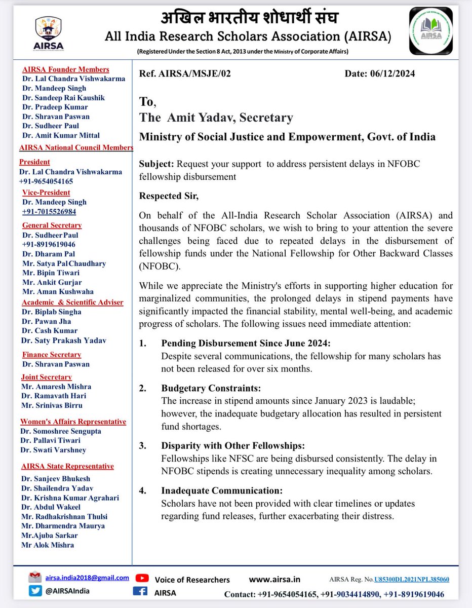 AIRSAIndia's tweet photo. @MSJEGOI 🚨Request 🙏
#NFOBC scholars deserve timely fellowships. Delays disrupt research and innovation. Despite raising concerns, the lack of infrastructure persists. It's time to act! @Drvirendrakum13 @the_hindu @EduMinOfIndia @PrinSciAdvGoI @IndianExpress @mridusmita_deka https://t.co/7yAhxhBzJ9