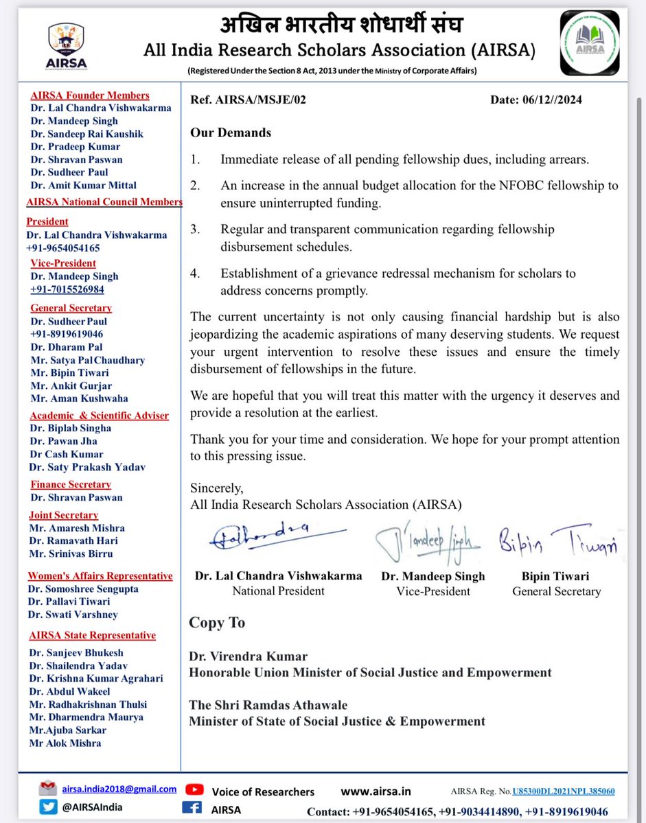 AIRSAIndia's tweet photo. @MSJEGOI 🚨Request 🙏
#NFOBC scholars deserve timely fellowships. Delays disrupt research and innovation. Despite raising concerns, the lack of infrastructure persists. It's time to act! @Drvirendrakum13 @the_hindu @EduMinOfIndia @PrinSciAdvGoI @IndianExpress @mridusmita_deka https://t.co/7yAhxhBzJ9