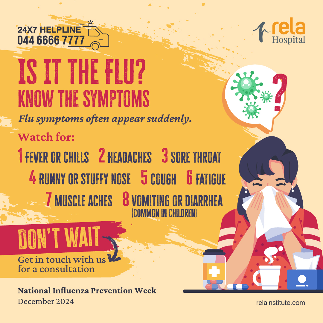 Rela_Institute's tweet photo. Is it the flu? Watch out for symptoms like fever, chills, cough, body aches, sore throat, and fatigue. Spot the signs early and prioritize your health this flu season. Prevention starts with awareness!
##FightTheFlu #KnowTheSymptoms #FluSeasonTips #rela #health #healthcare https://t.co/swC5gafANF