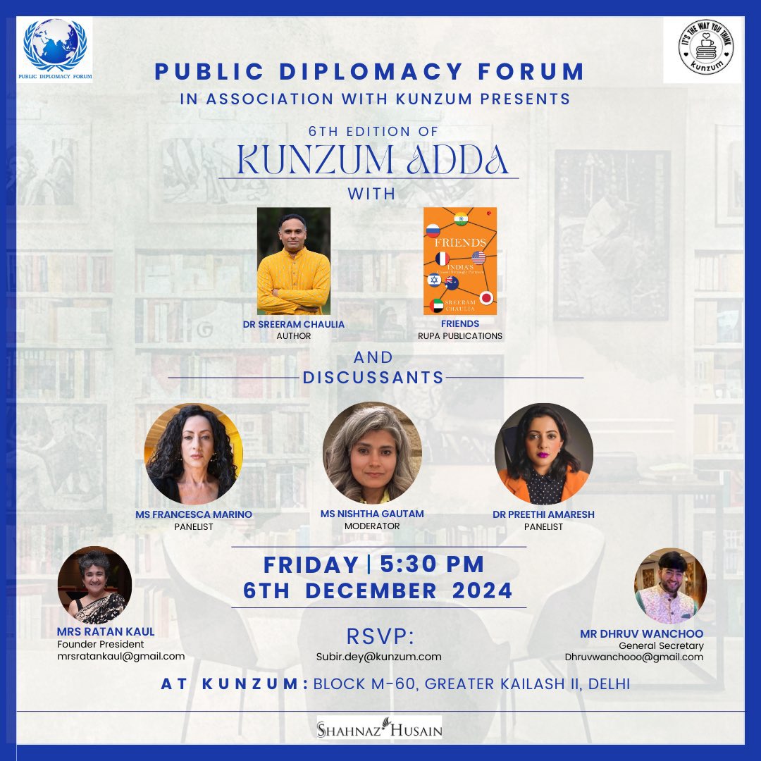 Dear reader,

Please join me and a talented set of writers and thinkers this evening at the <a href="/kunzum/">Kunzum</a> bookstore in Greater Kailash II, New Delhi, for an engrossing discussion on my new book, ‘Friends’. This event is being organised by <a href="/forum_diplomacy/">Public Diplomacy Forum</a> and will be moderated by