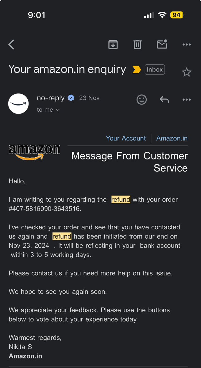 Prasanthcbm's tweet photo. I have been given false promise of refund initiation and will be credited in 5 working days. Multiple followups &amp; It’s been a month now. Guys don’t order from amazon no guarantee that you’ll get refunded. Worst customer service @amazonIN @amazon @JeffBezos https://t.co/YDD2TKsRXC