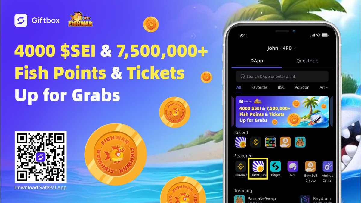 iSafePal's tweet image. 🌊Dive into the @isafepal @FishWarOfficial Giftbox🌊
🔥4000 $SEI Reward Pool
🎁7,500,000 Fish Points, 2,000 Tickets
📆Dec.6 - Nov.12, 2024 9 AM UTC
📚blog.safepal.com/fish-war-giftb…
📱DL App: safepal.com/download
#SFP #Giftbox #SEI #FishWar
