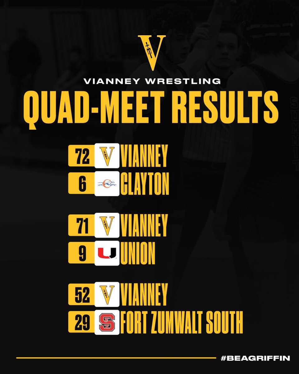 Vianney Wrestling takes home three team wins vs Ft. Zumwalt South, Clayton, and Union. ⚫️🟡💪