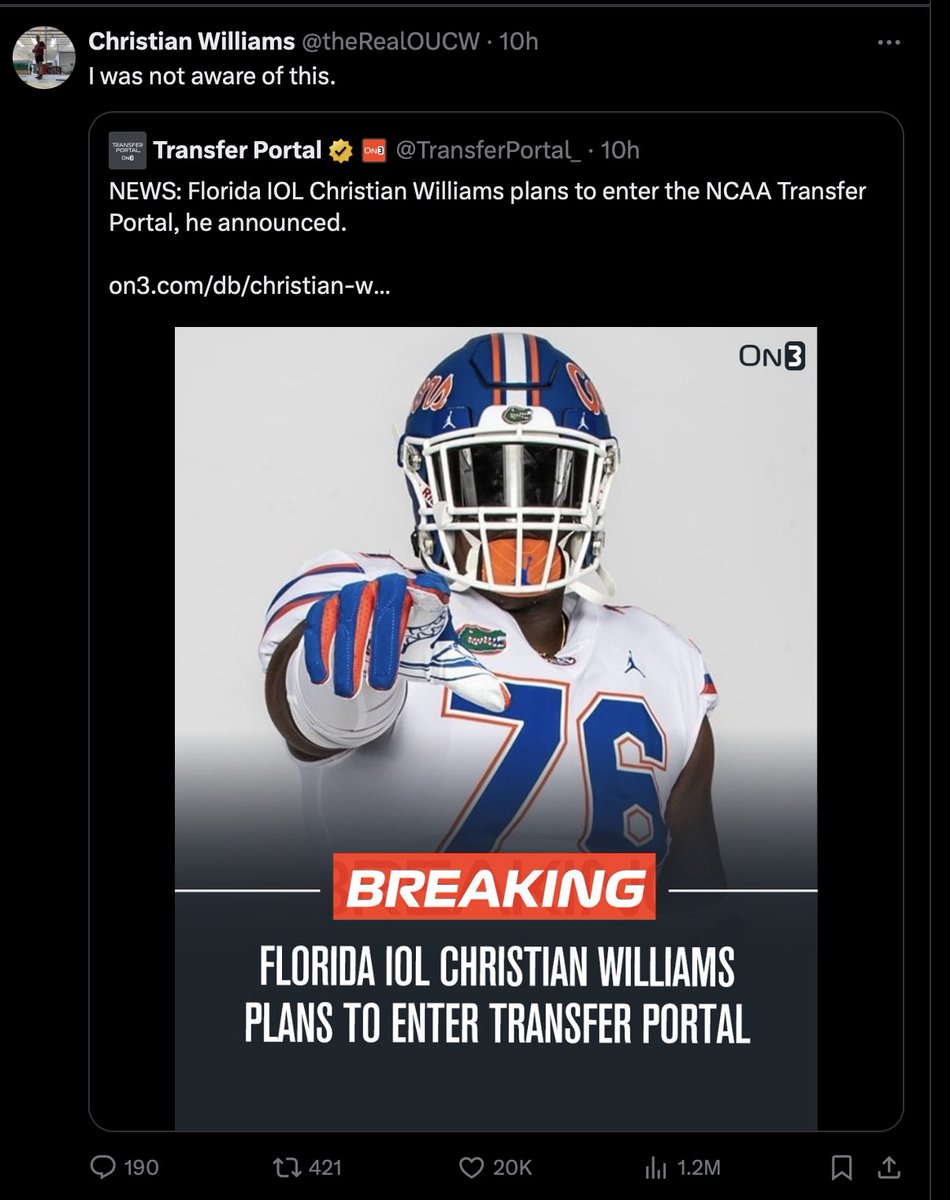 DanKelley66's tweet photo. Tweet of the Day goes to #Florda lineman Christian Williams (@theRealOUCW). If he does plan to enter the transfer portal, I hope he signs with my alma mater (#Syracuse). https://t.co/JSyAXYDmNh