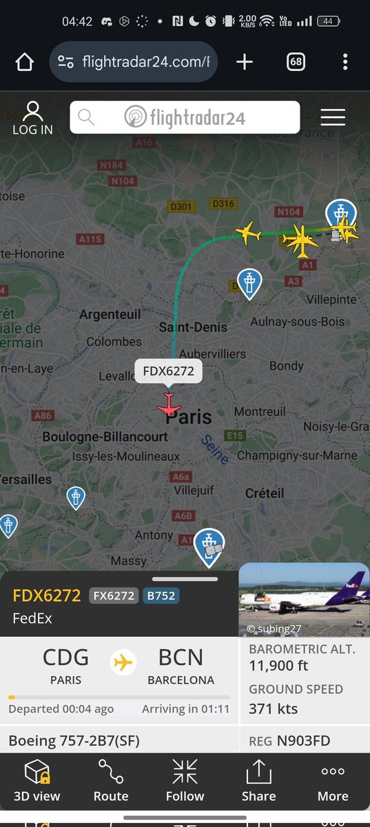 kben_6's tweet photo. 04:43 le vol FDX6272 #fedex reliant Paris à Barcelone survole Paris. @GroupeADP pour quelle raison cet avion a t-il ce droit ? Merci https://t.co/B34U3VKnBT